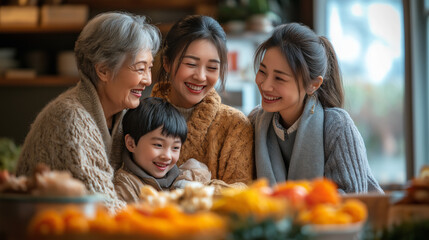 Obraz premium A beautiful Chinese family celebrating Lunar New Year in a warm, festive setting