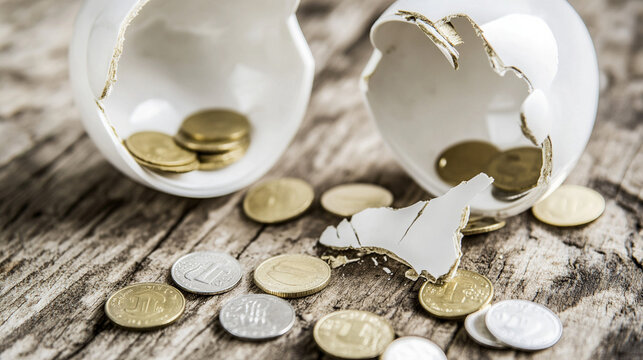 Broken piggy bank with coins scattered around, symbolizing financial struggle and the need for careful budgeting and saving.