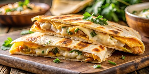Golden-brown quesadillas with melted cheese, savory fillings, and a garnish of fresh herbs, resting on a rustic wooden board.