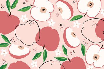 Stylish seamless pattern with ripe apple line art.  Seamless decorative background with red apples. Bright summer design