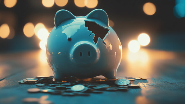 Broken piggy bank with coins scattered around, symbolizing financial struggle and the need for careful budgeting and saving.
