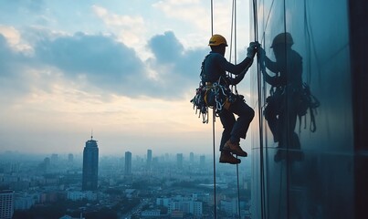 Skyscraper window washer at sunset.