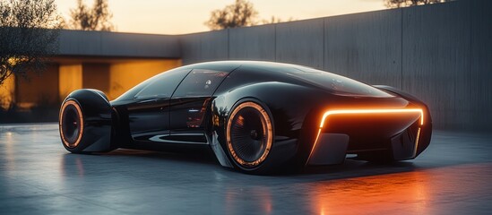 A black futuristic sports car with glowing rear lights parked in front of a modern building at...