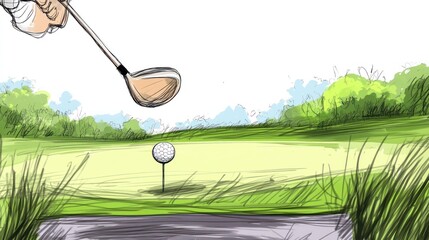 A golfer preparing to swing at a ball on a tee in a lush green landscape.