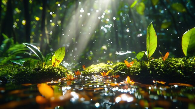 A moss covered rock in the middle of a forest with sunlight shining through the trees