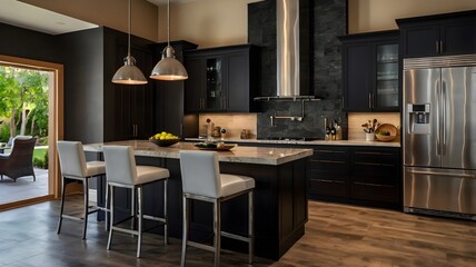 Dark home kitchen interior with bar island and sink, fridge and kitchenware.