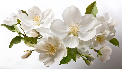 cluster of white flowers with green leaves on a gradient background, highlighting their beauty.