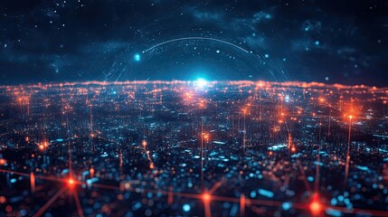 Futuristic Cityscape Illuminated With Digital Network Connections