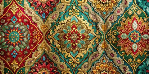 An ornate and intricately woven tapestry with a vibrant fusion of colors and intricate floral patterns, showcasing a rich and timeless decorative art.
