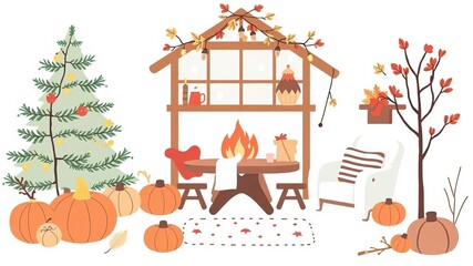 Fototapeta premium Illustration of cozy autumn and winter elements with hygge quotes in Scandinavian style on white background, vector, illustration