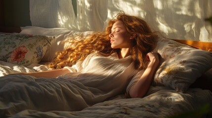 Naklejka premium Redhead Woman Resting in Bed With Sunlight Shining Through Window