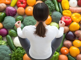 Fototapeta premium Person Meditating Among a Colorful Display of Fresh Fruits and Vegetables, Emphasizing Health, Wellness, Nutrition, and Lifestyle Choices in a Calm Environment