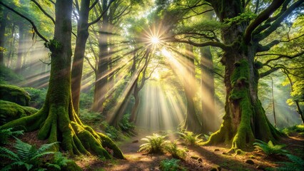 Sunlight Illuminates a Path Through Ancient Trees, Casting Beams of Light Through the Forest Canopy