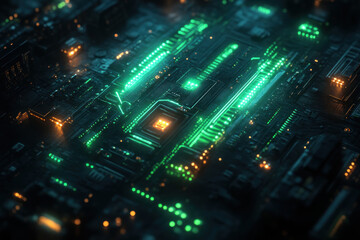 Obraz premium Close-up of circuit board with glowing green lights.