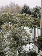 Blick in den Garten mit Schnee aus der ersten Etage mit Balkon