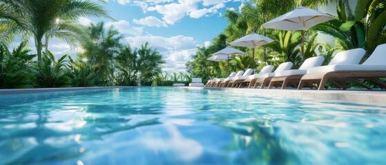 Tropical Oasis: Gorgeous Swimming Pool Surrounded by Palm Trees, Lounge Chairs, and Blue Sky - Serene Bird's Eye Perspective