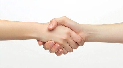 Close-up shot of two hands shaking elegantly on a white background, isolated with focused fingers and no distractions