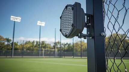 Obraz premium Close-Up View of LED Sports Light Fixture on Metal Post at a Modern Outdoor Athletic Field with Clear Blue Sky and Soft Focus Background Lights