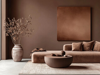 Modern living room with sofa in trend color of the year 2025 - mocha mousse. Cozy warm palette color lounge and furniture. AI