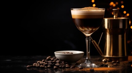 Crafting a luxurious espresso martini experience upscale bar cocktail photography dark dramatic setting close-up perspective luxury concept