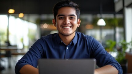 Young man in blue shirt sitting at desk with laptop, smiling and looking at camera, working remotely in office setting