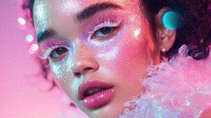 Obraz premium Captivating Close-Up Portrait of a Model with Sparkling Makeup and Vibrant Colors in a Dreamy Glow Atmosphere, Emphasizing Beauty and Artistic Expression