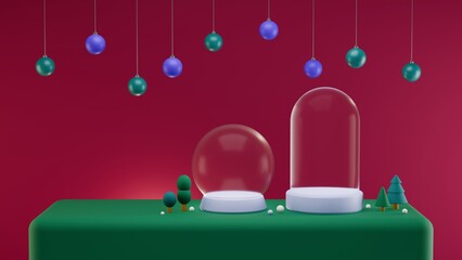 A modern Christmas scene with simple shapes and colors. Two glass domes sit on a green platform with small trees and ornaments. 3D rendering.
