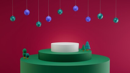 A modern Christmas scene with simple shapes and colors. Three platforms hold small trees, and colorful ornaments hang above. 3D rendering.
