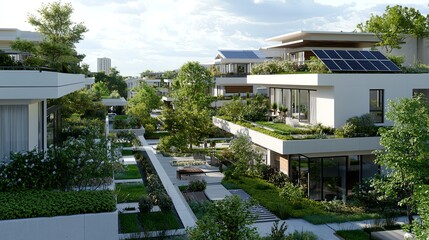 Eco-friendly urban development with green rooftops and sustainable architecture.