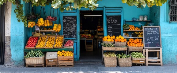 Fototapeta premium Vibrant fruit and vegetable stand at a teal building.