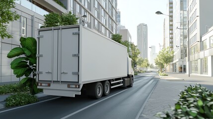 Truck driving through urban street lined with modern buildings and lush greenery.
