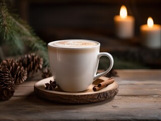 Savoring a creamy chai latte in a handcrafted ceramic mug rustic wooden surface soft warm lighting cozy atmosphere