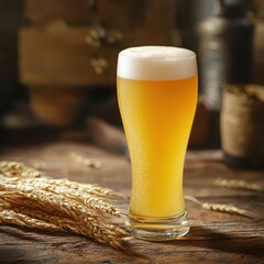 Savoring craft wheat beer with golden foam at a rustic wooden bar in a soft afternoon setting