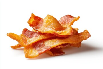 Fototapeta premium Crunchy, golden bacon strips piled together, showcasing their delicious texture and savory appeal on a white background.