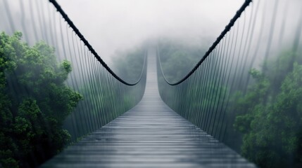 Fototapeta premium A misty suspension bridge stretches into the fog, flanked by lush greenery, creating a mysterious and serene atmosphere.