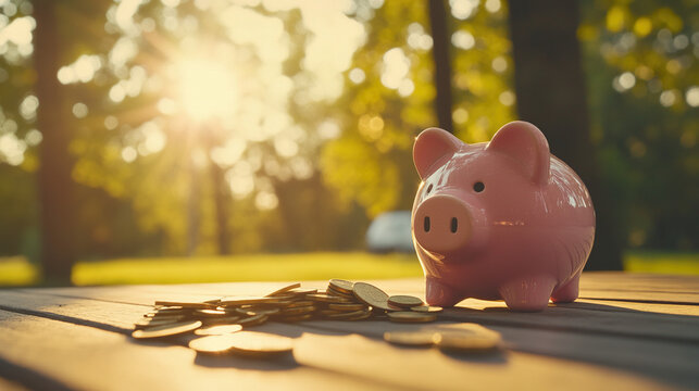 Broken piggy bank with coins scattered around, symbolizing financial struggle and the need for careful budgeting and saving.