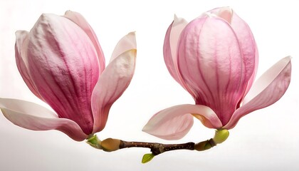 Fototapeta premium pink magnolia flowers in full bloom on a branch with green leaves, delicate petals, white background.