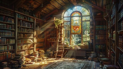 Obraz premium Dusty tomes whisper secrets in this sun-drenched attic library. Time seems to slow, lost in the labyrinth of knowledge. ai genrated