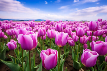Vibrant tulip field with blooming pink flowers under blue sky