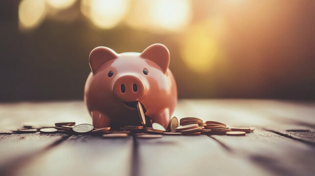 Broken piggy bank with coins scattered around, symbolizing financial struggle and the need for careful budgeting and saving.