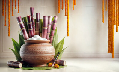 realistic pongal pot sugarcane placed on the white background for product display banner