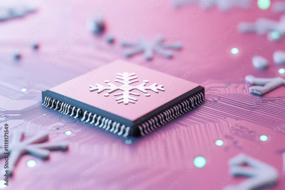 Leinwandbilder vibrant macro of snowflake-adorned microchip on festive circuit board