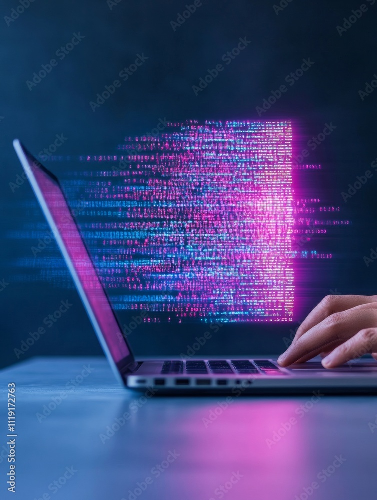 Poster Futuristic Blockchain Developer Coding with Holographic Data in Modern Workspace