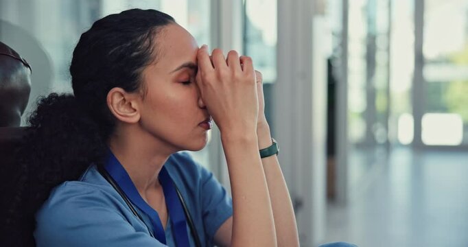 Nurse, stress and woman on floor in hospital for patient loss, surgery fail and medical mistake. Healthcare, clinic and person with burnout, frustrated and worry for depression, anxiety or overworked
