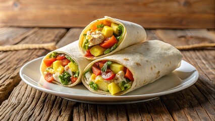 A trio of savory wraps filled with vibrant vegetables and creamy sauce, resting on a white plate against a rustic wooden backdrop.