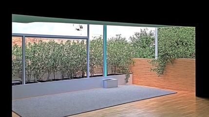 Fototapeta premium Modern Minimalist Interior Design with Large Windows Allowing Natural Light and Greenery in a Contemporary Space featuring a Cozy Area Rug