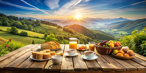 A Rustic Wooden Table Set with Tea, Juice, and Freshly Baked Goods Against a Breathtaking Mountain Sunrise Landscape