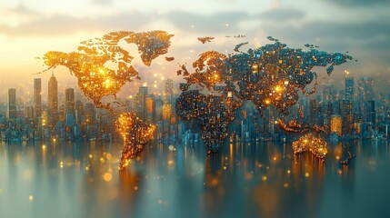 Illuminated world map floating over cityscape reflections, symbolizing global urban development and environmental sustainability initiatives