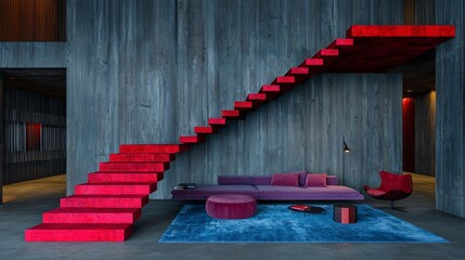 Modern Interior Design  Red Staircase  Purple Sofa  Contemporary Living Room