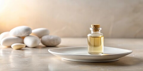 Natural Wellness A Small Bottle of Golden Oil Resting on a White Plate Surrounded by Smooth Stones